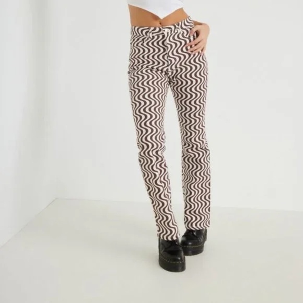 Garage Pants brown Retro 70s Wavy Print Flare unique dopamine funky eclectic NWT